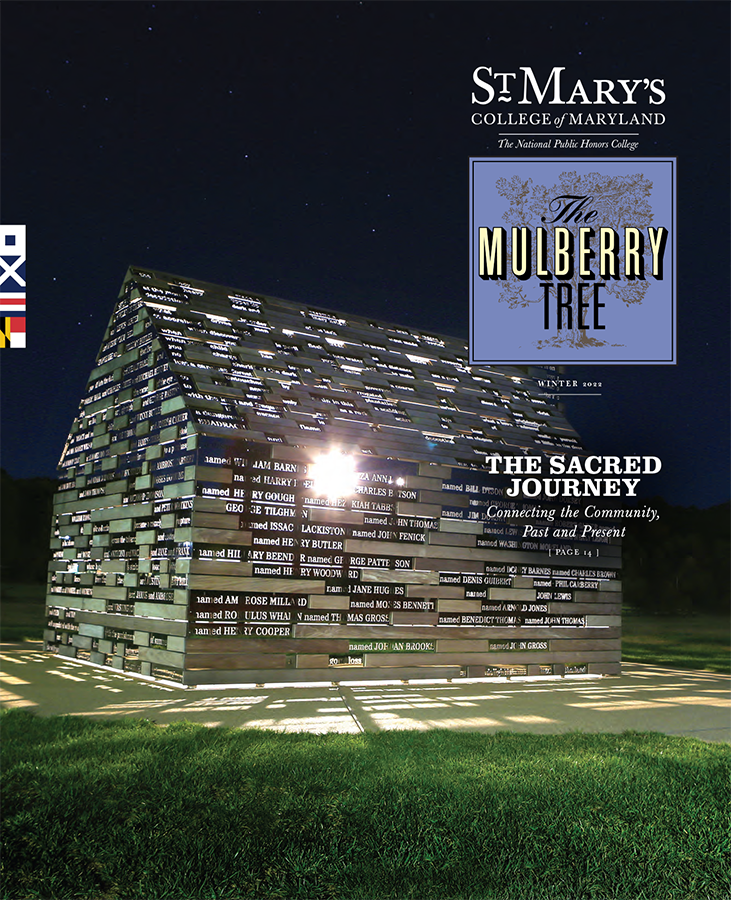 Cover of the Mulberry Tree magazine by St. Mary's College of Maryland, featuring the Commemorative to Enslaved Peoples of Southern Maryland at night.