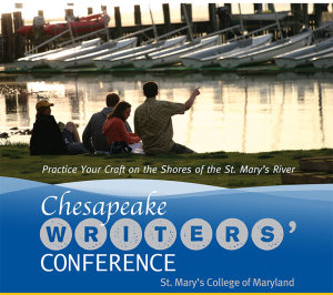 People sitting, backs turned, on the shores of the St. Mary's River with the text, "Practice Your Craft on the Shores of the St. Mary's River - Chesapeake Writers' Conference St. Mary's College of Maryland"