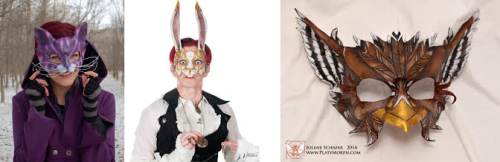 Three images: One features a person wearing a purple cat mask, one features a person wearing a gold rabbit mask, and the last features a leather bird mask with a white background