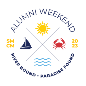 Logo that says, SMCM Alumni Weekend 2023 - River Bound, Paradise Found