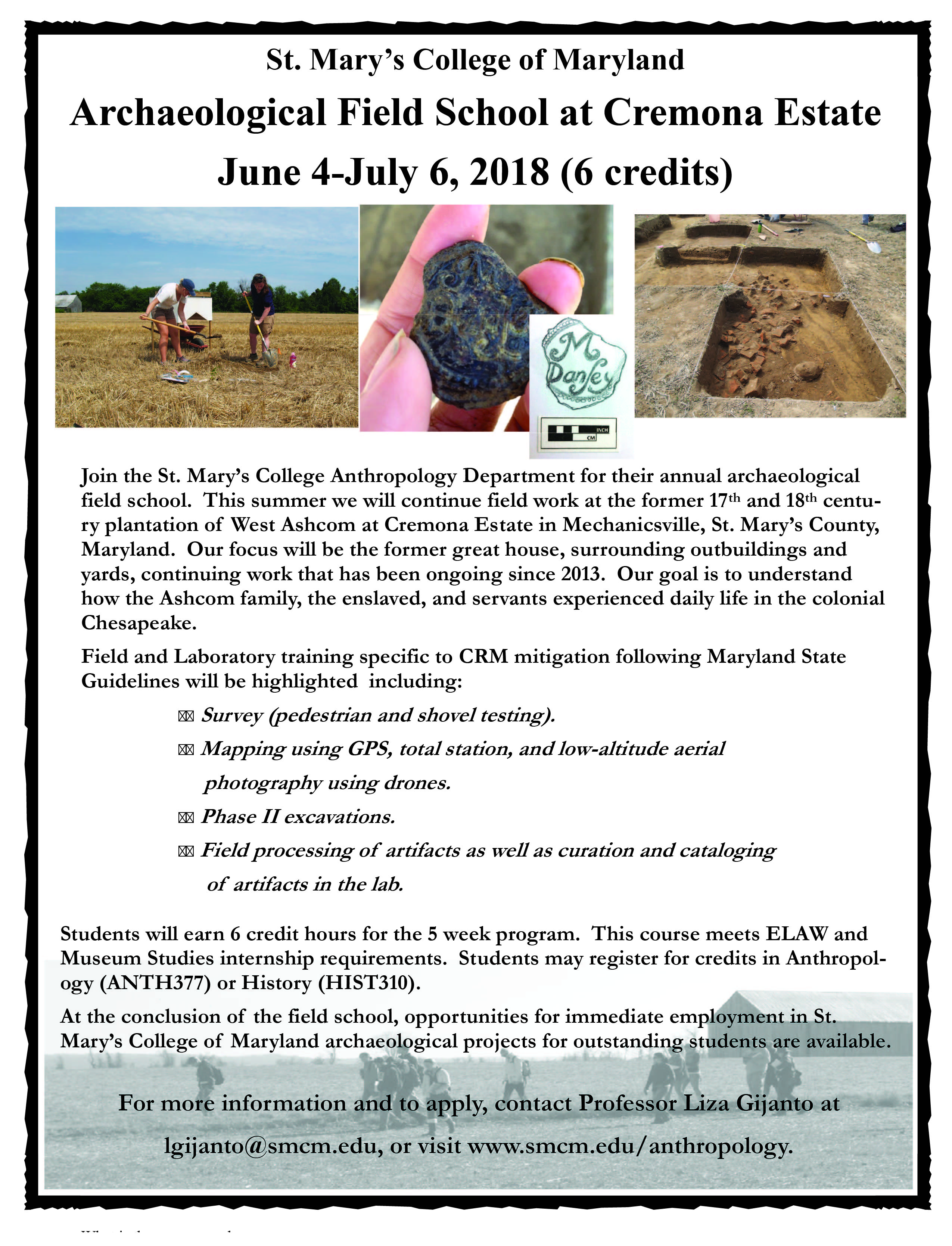 Archaeological Field School at Cremona Estate 2018 flyer