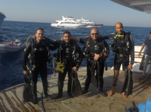 The Maritime Archaeology in Department of Archaeology and Greco-Roman Studies, Alexandria University group posing in scuba gear