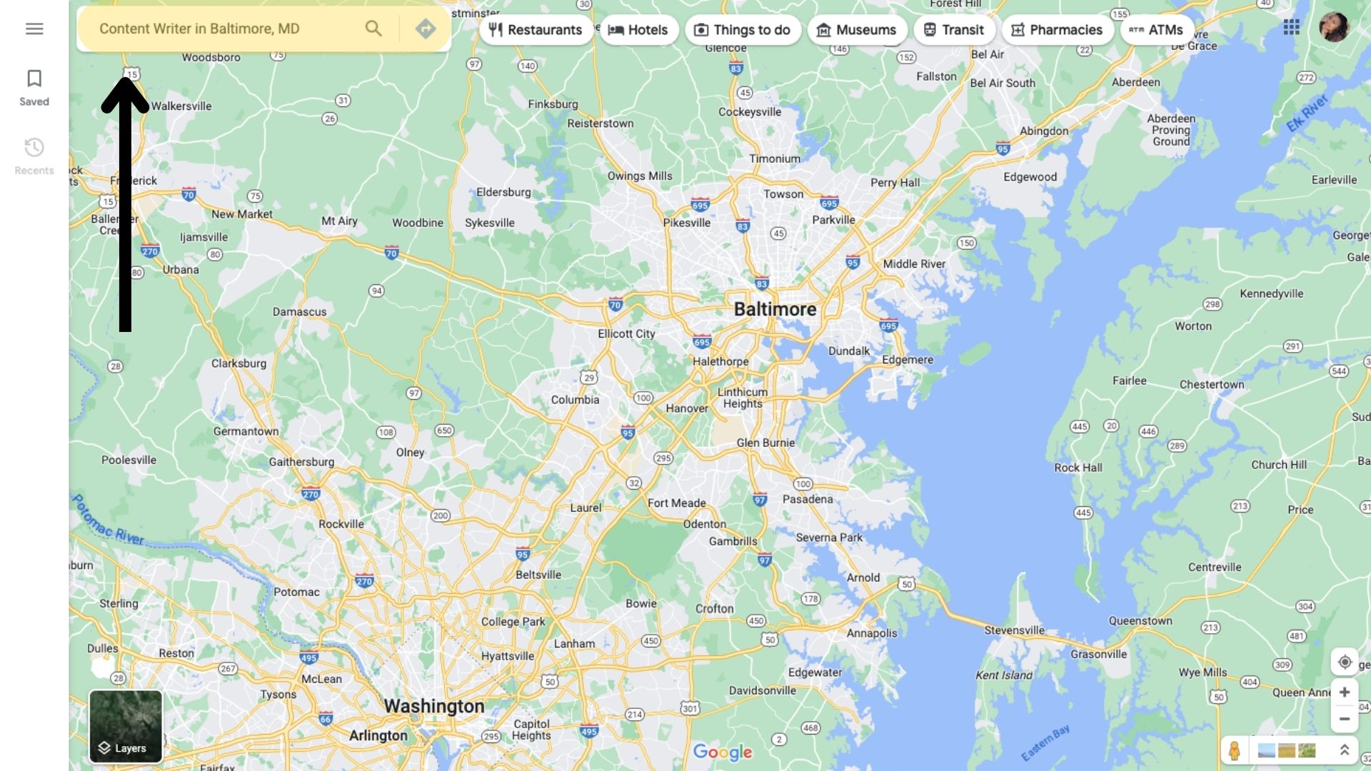 Screenshot showing a Google Maps keyword search