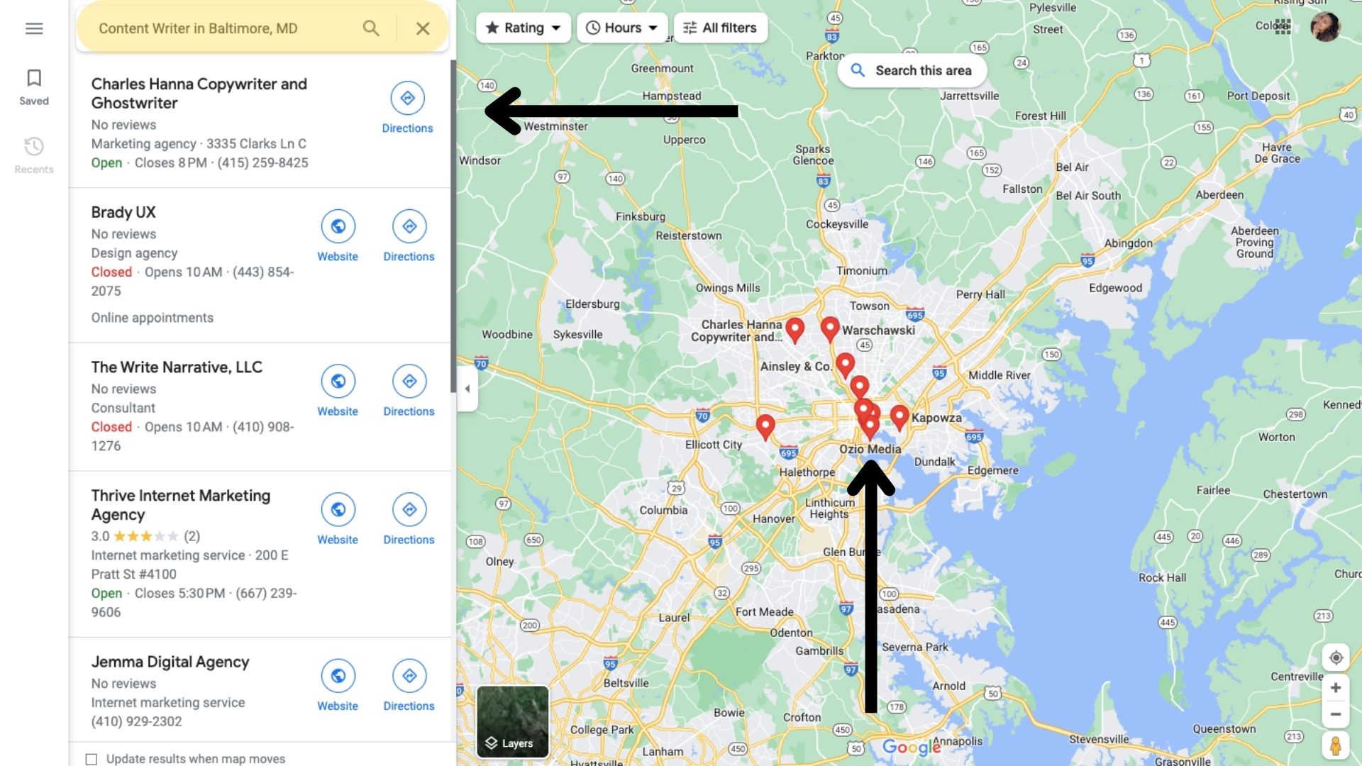 Screenshot showing results for a Google Maps keyword search