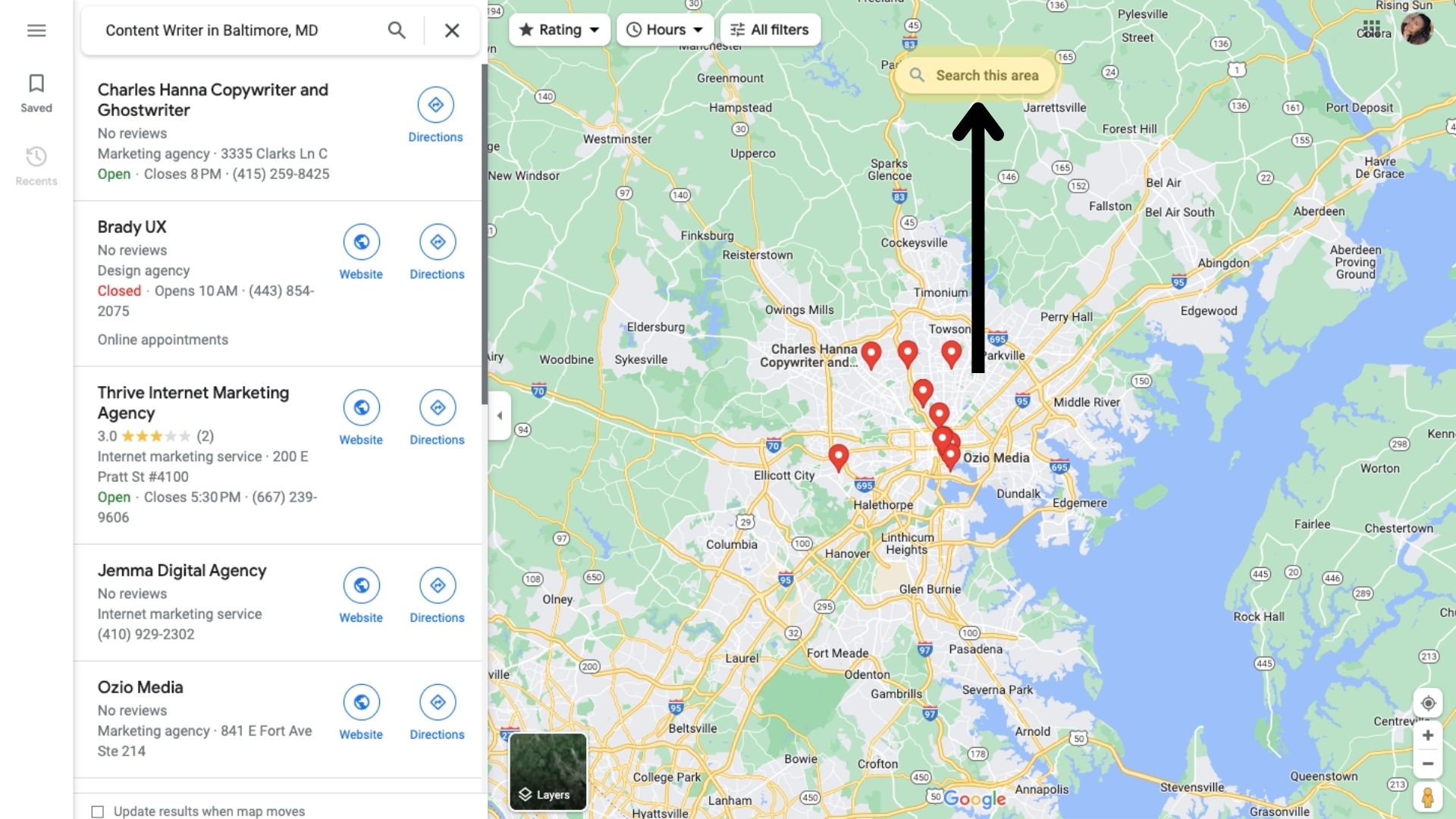 Screenshot showing where to find the "Search this area" button on Google Maps