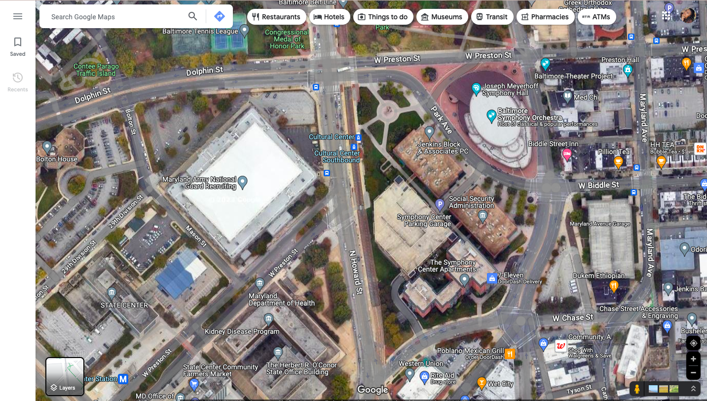 Screenshot showing a zoomed-in view of Google Maps to manually look for employers