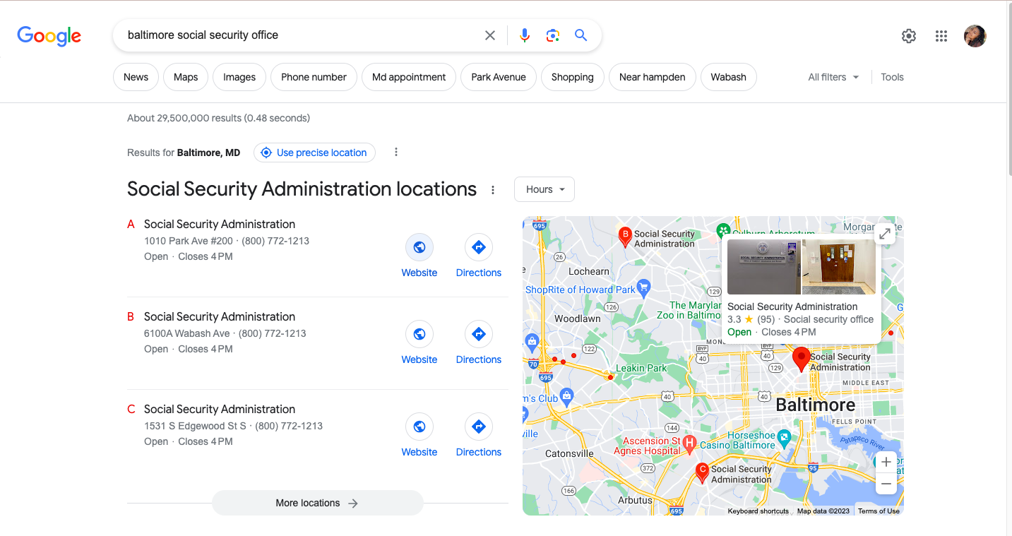 Screenshot showing a search for specific employers on Google Maps