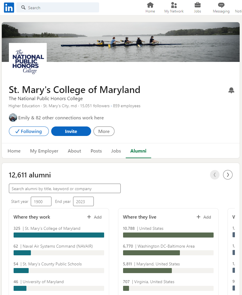 Screenshot of LinkedIn's alumni tool for SMCM