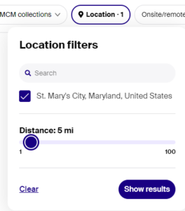 Screenshot of Handshake's location filter.