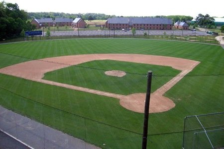 An aerial view of an empty baseball field
