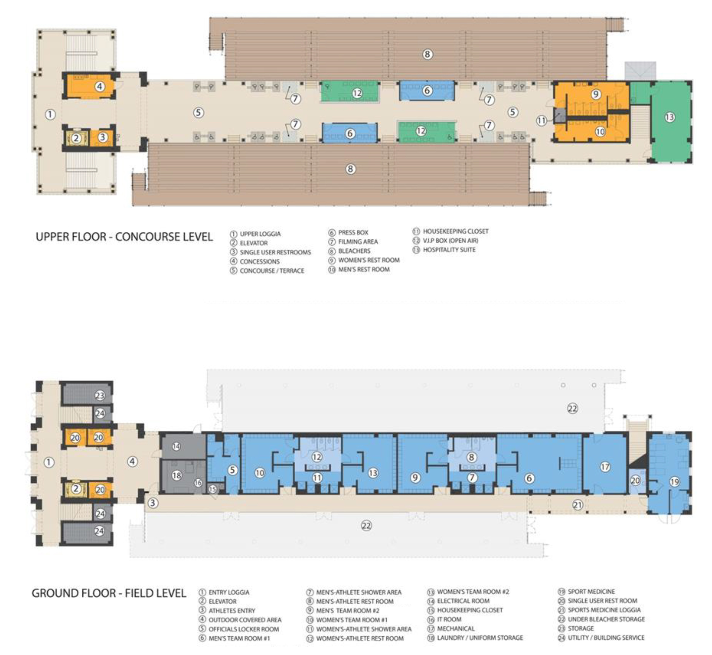 The Upper Floor Concourse Level and Ground Floor Field Level floor plans of the Jamie L Roberts Stadium