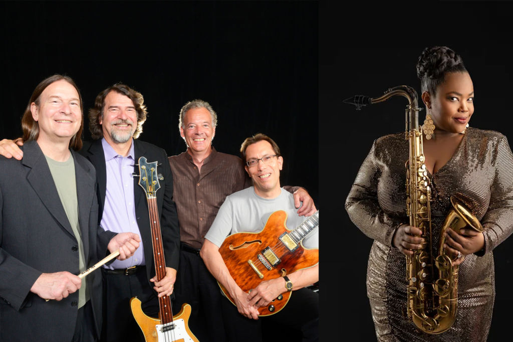 Four men with musical instruments stand smiling on the left: one holds drumsticks, another a bass guitar, and another an electric guitar. On the right, a woman in a glittery dress holds a saxophone against a dark background.