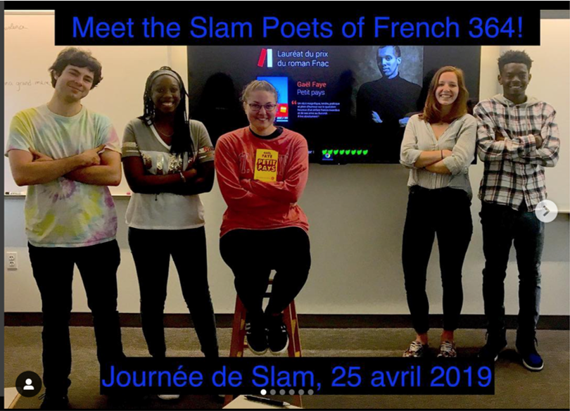 French students pose for photo, Text Overlay: Meet the Slam Poets of French 364, Journee de Slam, 25 avril 2019