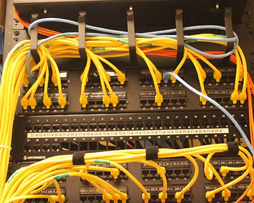 Image of cables in ports within a network switch closet.