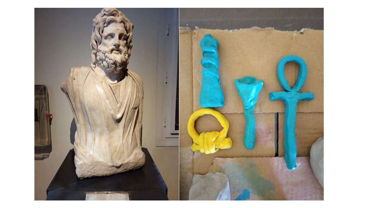 A statue of Seraphis, a Greco-Egyptian deity (left) and clay depictions of amulets Poppell worked on for an experimental archaeology project (right).