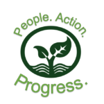 The words "People, Action, Progress" written in green around a green leaf logo