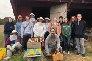 Students gathered around beehive